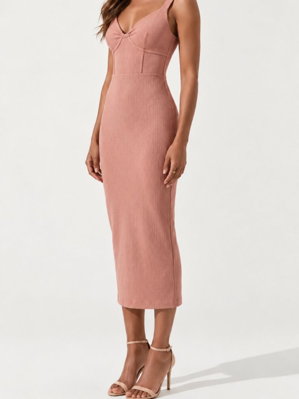 Naked Wardrobe Ribbed Corset Fitted Bodycon Midi Dress Dusty Rose Pink NWT